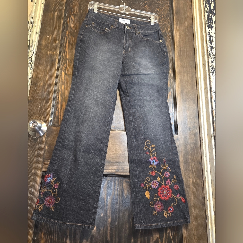 Coldwater Creek Dark Gray Flare Jeans with Vibrant Embroidery